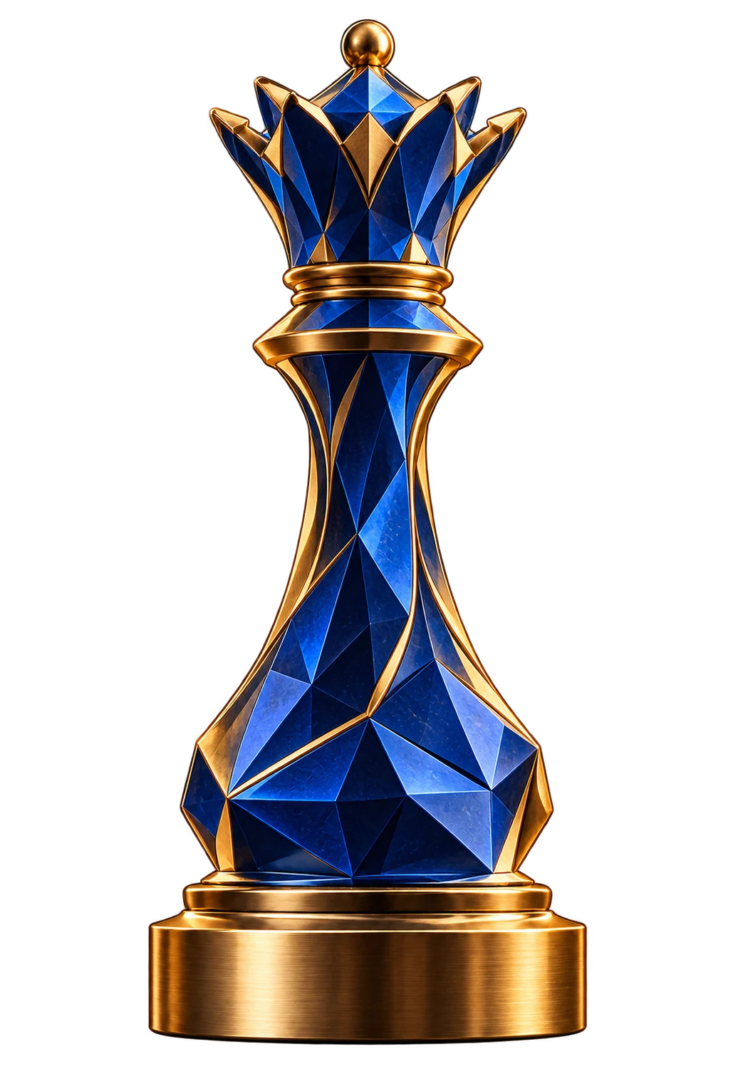A faceted cobalt blue and gold chess queen